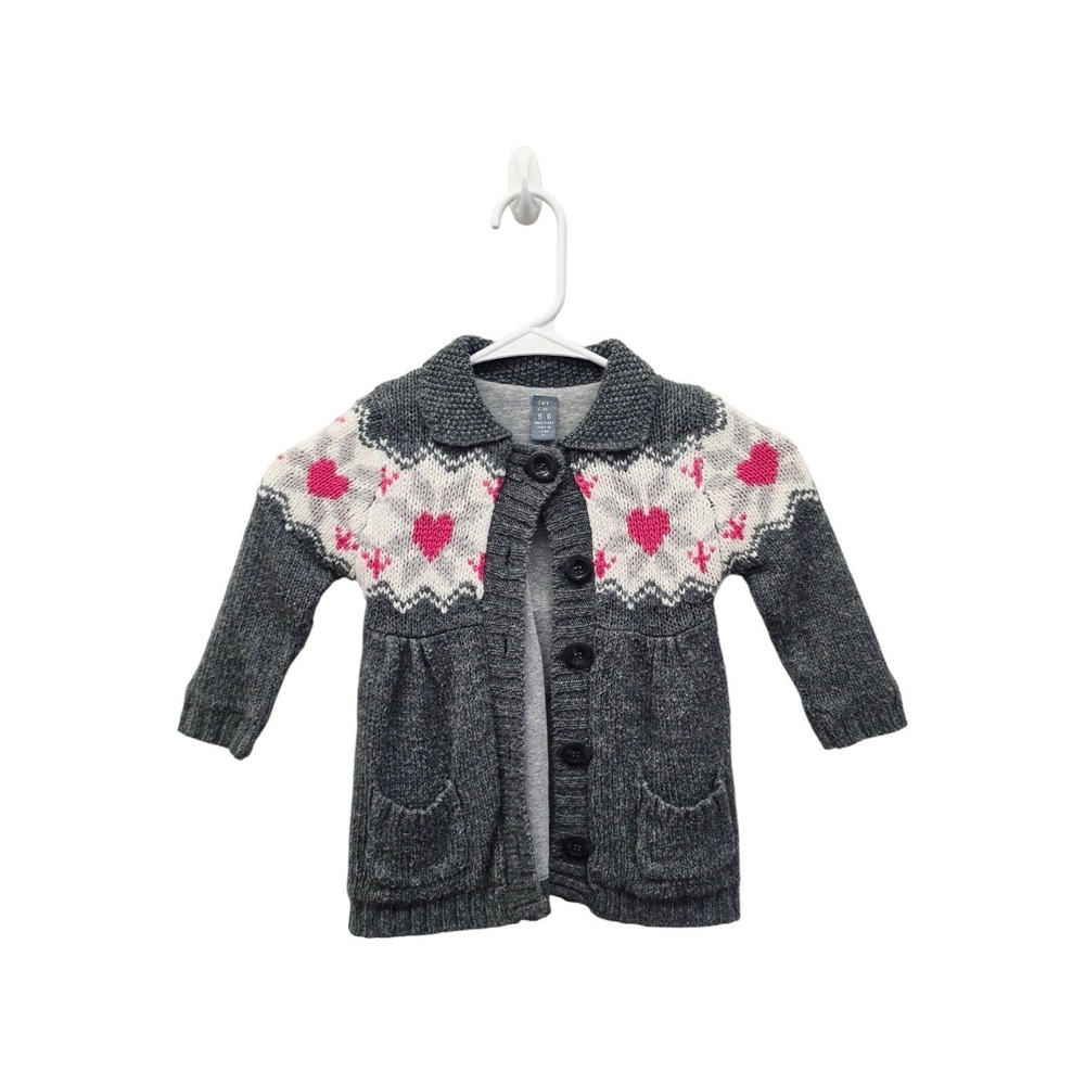 Zara Kids Girls 5-6 Gray Fair Isle Heart Long Cardigan Sweater Coat